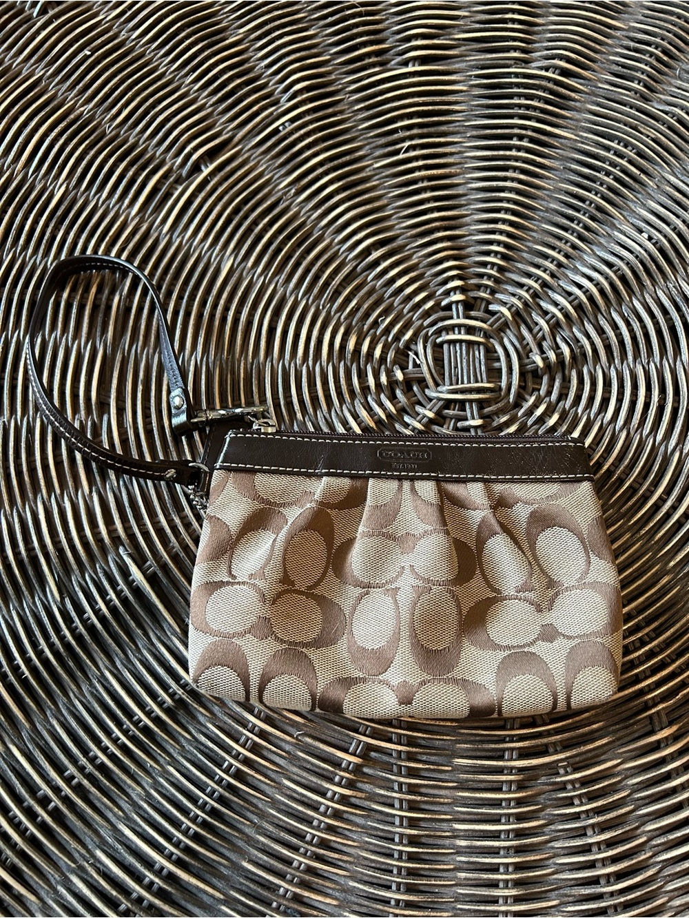 Coach Small Signature Wristlet in Brown and Tan